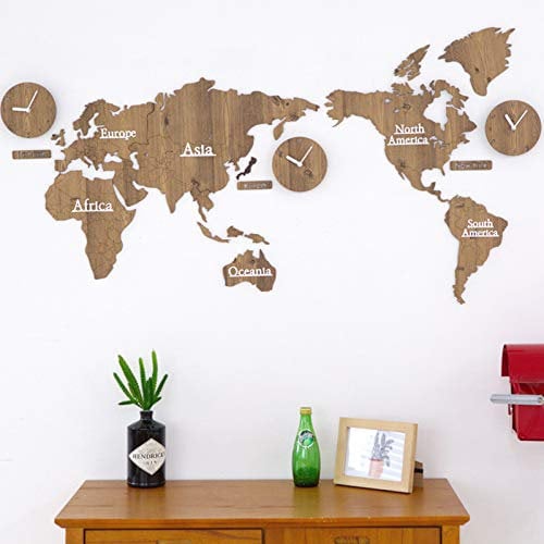 Relojes Grandes de Pared Vintage Mapa Mundial, 3D DIY Reloj De Pared con Mapa Del Mundo de Madera Creativo, Pegatinas de Pared Decoración Del Hogar, 137X63cm,wood02