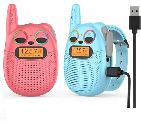QNIGLO Q136 Walkie Talkie Niños Recargable con Radio FM,3-5Km Alcance Ojos Parpadeantes Pulsera Portátil,Montar Acampar Correr,Regalo para Niñas&Adultos,Juguete Colgante de Niños 3-12 (RojoAzul)