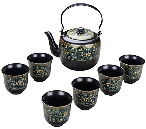 fanquare Japanese Kungfu Tea Set with Infuser, Black Teapot Cup Set with Gold Flowers, Handmade Ceramic Tea Service, One Teapot with 6 Cups