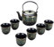 fanquare Japanese Kungfu Tea Set with Infuser, Black Teapot Cup Set with Gold Flowers, Handmade Ceramic Tea Service, One Teapot with 6 Cups