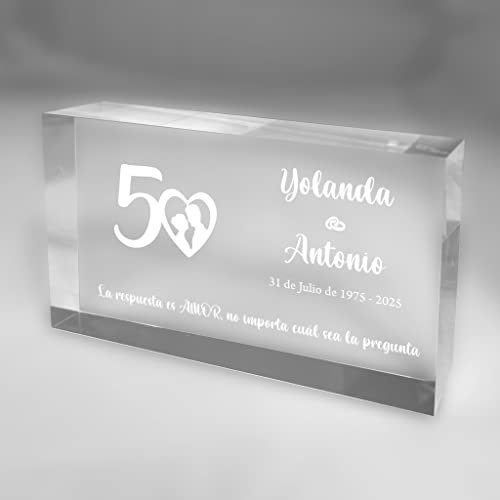 Trofeos Cadenas | Regalo para Bodas de Oro | Placa Grabada en Metacrilato para 50 aniversario | 18 x 10 cm con Diseño Corazón | Regalo Personalizado