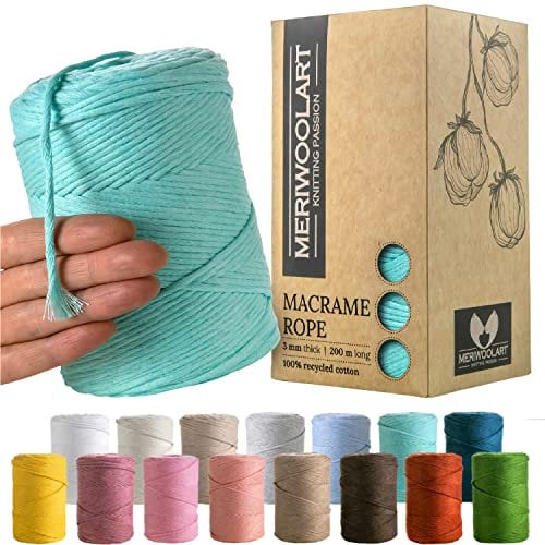 MeriWoolArt® Makramee Garn Blau - Makramee Garn 3mm farbig 200m - Super weiches Garn, einfach gedrehte Makramee Schnur - Öko-Tex 100% recyceltes Baumwollgarn farbig - DIY Boho Deko Makramee