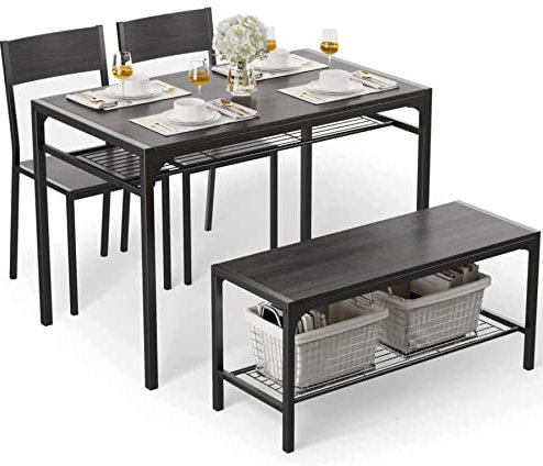Gizoon Mesa de cocina y 2 sillas para 4 con banco, juego de mesa de comedor de 4 piezas para espacios pequeños, apartamento, negro