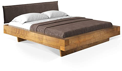 moebel-eins CURBY Balkenbett mit Polster-Kopfteil, Wangenfuß, Material Massivholz, 200 x 220 cm, Vintage, Stoff Braun