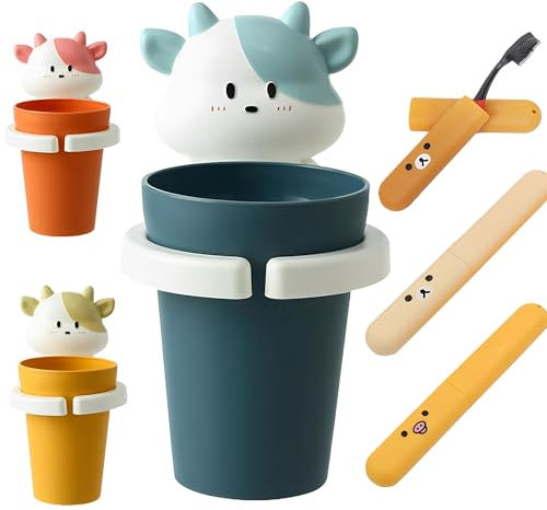 DXIA Zahnputzbecher mit Zahnbürstenhalter, Zahnbürstenhalter für Kinder mit 3 Stück Zahnbürstenhüllen, Cartoon Tiere WC Zahnbürste Zahncreme Zahnpasta, Zahnpasta-Utensilien(Blau)