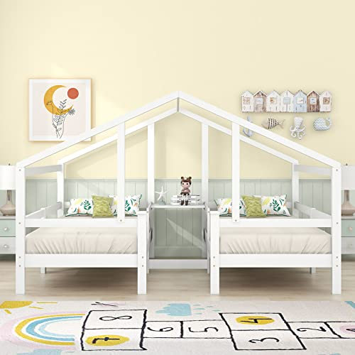 Hausbett Kinder 90X200 Zwei Einzelbetten Unter Einem Dach Im Hausbettdesign,Vielseitiges Holz Kinderbett FüR Jungen & MäDchen,Rausfallschutz Kinderbett Holz