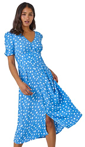 Roman Originals Swing Tea Dress Women UK Ladies Skater Midi A Line Fit & Flare Summer Casual Smart Cocktail Party Going Out Work Cruise Button Through Long Pocket - Light Blue - Size 18