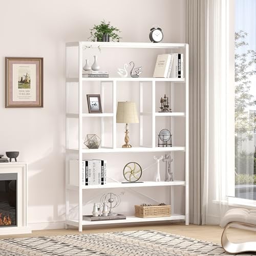 LVB Bücherregal Regal mit 6 Ebenen Wohnzimmer Standregal Holz Metall Bücherregal freistehend Dekoregal Modernes Design für Wohnzimmer Schlafzimmer Büro Weiß 30 x 120 x 180 cm