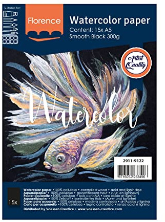 Florence Aquarellpapier Glatt - Zeichenblock für Aquarellfarben A5 - Schwarz - Malblock für Wasserfarben - Künstlerbedarf und Scrabooking - 300 gsm