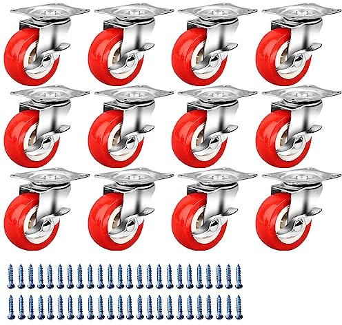 Caster Wheels, 1.5 Inch (38mm) Heavy Duty With Brake for Furniture & Trolleys - Swivel With Polyvinyl Chloride (PVC) Wheels, Plate Locking Red (12 Pack)