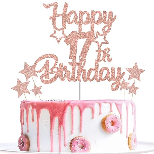 Gidobo 17th Birthday Cake Toppers, Rose Gold Glittery Cake Decorations with Stars, Seventeen Years Old Birthday Party Supplies for Girls