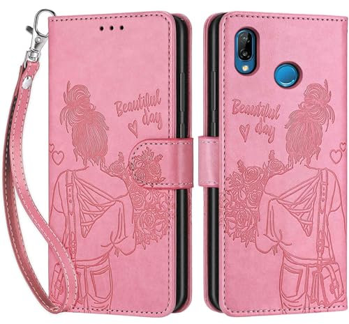Coque pour Huawei P20 Lite, Coque Huawei Nova 3e, Etui Protection Housse Premium Cuir de Portefeuille en Cuir Fermeture Magnétique Flip Case pour Huawei P20 Lite/Huawei Nova 3e Coque (Rose)