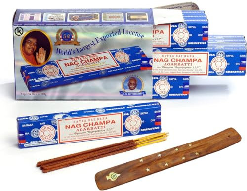 KROWN - Kit Incienso Nag Champa + Porta Inciensos, Nag Champa Caja Grande Azul, 12 Paquetes de 15 g Cada uno, Total 180 g.