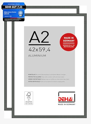 DEHA Design Bilderrahmen, 42 x 59,4 cm (A2) (2er Set), Aluminium, Grau matt, Posterrahmen zum Aufhängen im Hoch- & Querformat, bruchsicheres Kunstglas, Boston