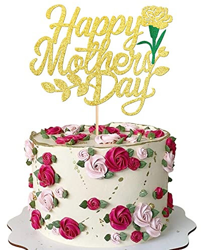 SYKYCTCY 1 Pack Happy Mother's Day Cake Topper Glitter Heart Love You Mom Cake Pick Rose Flower Best Mom Cupcake Decorations for Mother's Day Party Cake Decoration Gold