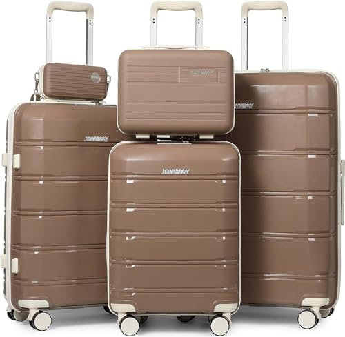 Joyway Kofferset 5tlg Hartschale mit 4 Rollen und TSA-Schloss Der Gepäcksets Enthält 1 Kosmetikkoffer und 1 Tragbare Tasche Braun/Weiß