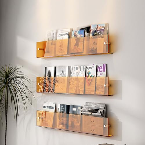 Acryl-Broschürenhalter zur Wandmontage, 3er-Pack, schwebender Bücherregal-Zeitungsständer, hängender Zeitschriftenhalter für Büro, Wartezimmer, Kirche, Café, Heimdekoration,Orange,80cm