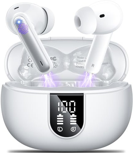 AOVOCE Cuffie Bluetooth, Auricolari Bluetooth 5.3 con 4 HD ENC Cancellazione Rumore Mic Wireless in Ear HiFi Stereo 42H Display LED Senza Fili IP6,Bianco Argento