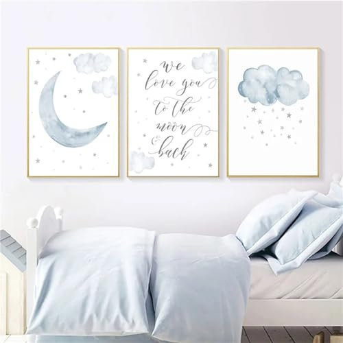 Herfair 3er Set Poster Kinderzimmer Bilder Deko Babyzimmer, Boho Wandposter, Mond Wolken Bilder Set Junge Mädchen Babyzimmer Kinderbilder, Ohne Rahmen (40x50cm)