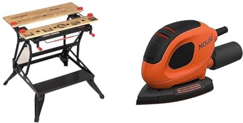 BLACK+DECKER Workmate Plus, Work Bench Tool Stand Saw Horse, Dual Height with Heavy Duty Steel Frame & 55 W Detail Mouse Electric Sander with 6 Sanding Sheets, BEW230-GB