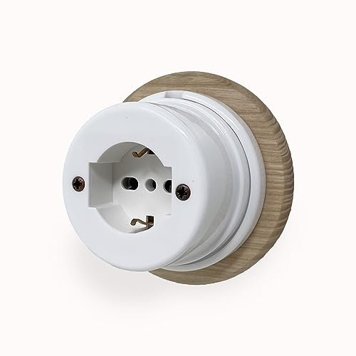 LaMorell LightDesign Prise murale bipas-SCHUKO en porcelaine, base en bois