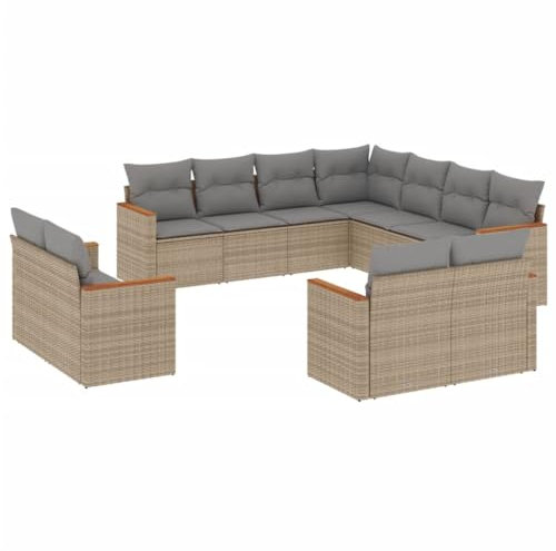 vidaXL Garten Sofagarnitur mit Kissen 11-TLG., Gartenmöbel Gartengarnitur, Sitzgruppe Sitzgarnitur, Lounge Sofa Garnitur Terrasse, Beige Poly Braun