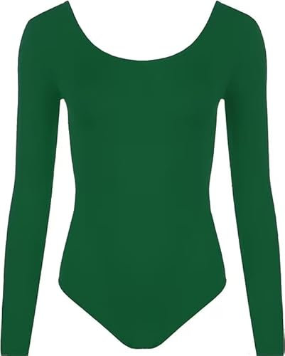 Crazy Fashion Women's Long Sleeve Round Neck Plain Casual Stretch Comfy Bodysuit Ladies Top T-Shirt UK (Bottle Green,12)