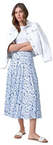 Roman Jersey Skirt for Women UK - Ladies Midi Maxi Floral Animal Print Autumn Winter Swing Smart Casual Office Cocktail Party Going Out Evening Holiday Cruise - Size 12 - Blue & Ivory