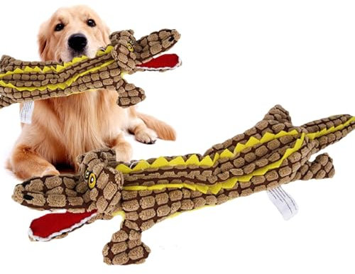 Monozoz Hundespielzeug aus Plüsch, klingendes Kauspielzeug – unzerstörbarer, robuster Krokodil-Plüsch, unzerstörbar, robust, quietschend für aggressive Kauer, niedliches Stofftier, interaktives