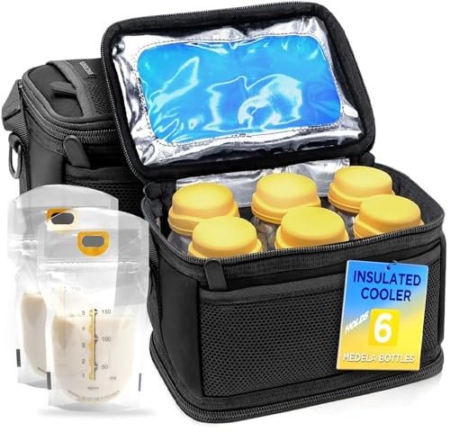 Encased Breastmilk Cooler Bag Designed for 6 Medela Express Milk Bottles - Insulated Freezable Storage Bag with Built-In Ice Packs for Travel/On the Go Moms