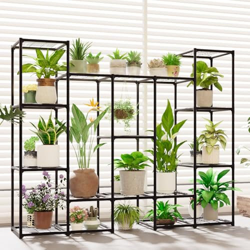 GENTINGBRO Großer Pflanzenständer Indoor Outdoor Metall Pflanzenregal Wasserdicht Pflanzenregal für mehrere Pflanzen Breiter Blumenständer für Terrasse Balkon Garten Schwarz