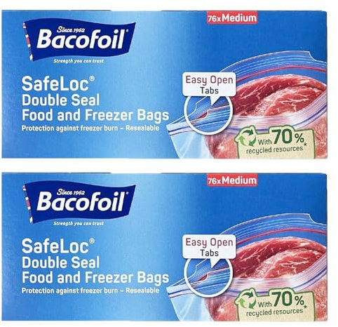 Bacofoil Safeloc Double Seal Medium Food Freezer 76 Bags Pack of 2 Resealable Washable Size 27x24cm Leftover Kitchen Waste Storage with Welari Thank You Card | (2pack) (152bags)