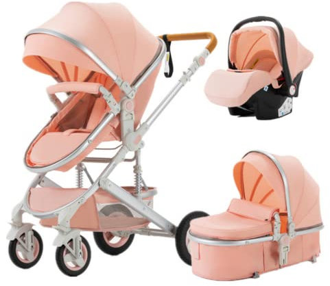 GLOKID Passeggino 3 in 1,Passeggino Canne,Trio,Con Seggiolino Accessori,Adattatori universali,Passeggino per bambini fino a 25 kg,4 ruote con ammortizzatori,navicella,grandi ruote (530 Rosa)