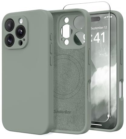 SuydanBox Magnetic for iPhone 16 Pro Case, Compatible with MagSafe, [Full Camera Protection][Screen Protector] Silicone Shockproof Protective Phone Case for iPhone 16 Pro 6.3, Calke Green