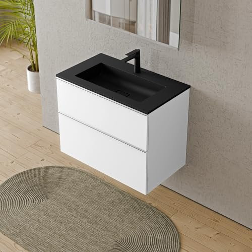 BERNSTEIN Badmöbel-Set Lavoa, Waschtisch-Unterschrank mit Waschbecken 80cm in Weiß matt - BRUXELLES - Schwarz matt mit Hahnloch - 2 Schubladen, Griffe in Chrom, vormontiert, 5 Jahre Garantie