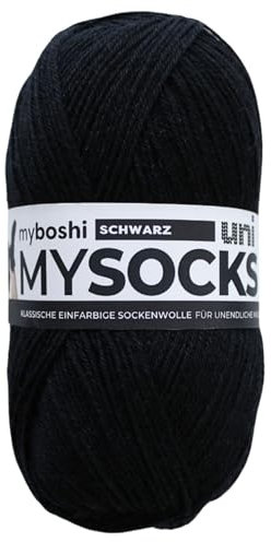 myboshi mysocks uni einfarbige Sockenwolle, 4-fädig, weich und geschmeidig, mit Aloe Vera behandelt, 100g, Ll 420m, Schwarz, 1 Knäuel