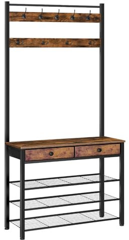 HOOBRO Coat and Shoe Rack, Coat Rack with Shoe Storage, Hall Tree with 2 Non-Woven Drawers, Coat and Shoe Storage for Hallway, Bedroom, Cloakroom, Rustic Brown and Black EBF81MT01