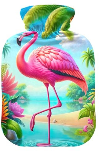 Pink Palm Flamingo Wärmflasche mit weichen Bezugsfüßen und Bettwärmer, Wärmbeutel zur Schmerzlinderung, 1 Liter