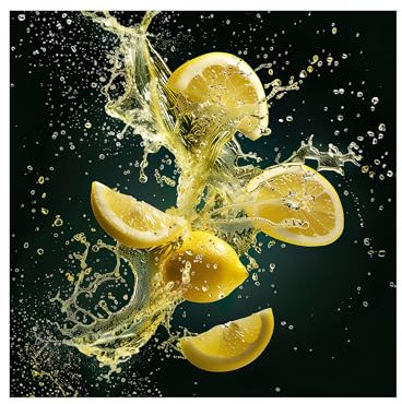 STYLER Küchenbild Lemons 30 x 30 cm I FRISCHE ZITRONEN I Glasbild mit spritzenden Zitronenstücken I Bild für Küche & Esszimmer I Deko Wandbild modern I Obstbilder Set