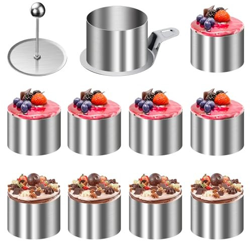 Idota 10 Stück Dessertringe und Speiseringe, 8cm Runde Mousseringe Servierringe Edelstahl Set mit Heber & Stampfer Kleine Backringe Tortenring für DIY Mousse Torte Reiskugel Nachspeise
