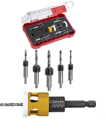 Eawfgtuw 5 Pcs Countersink Drill Bit Set Adjustable Depth Stop Aluminum Alloy Hexagonal Shank for Wood Plastic Drywall 3/16 11/64 1/8 5/32 9/64 with Case