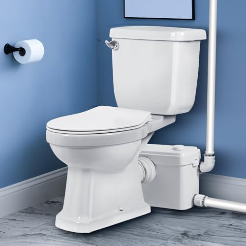WC broyeur 750 W avec pompe, toilettes de sous-sol en deux pièces, système de macération puissant et silencieux avec 3 entrées d'eau et aérations AC, 10 m verticalement, bol