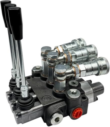 Distribuidor hidráulico para tractor, 3 palancas – 2 doble efecto, 1 único efecto con bloqueo de empuje de 3/8, 45 litros, 300 bar, con acoplamientos rápidos