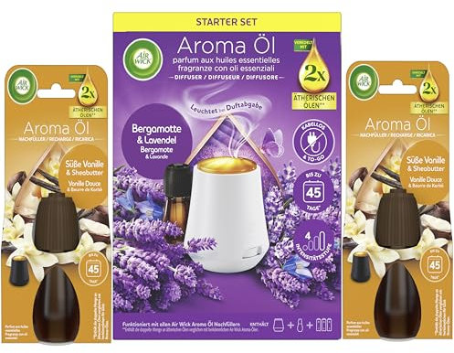 Air Wick Aroma-Öl Diffuser Starter-Set inklusive 1 Gerät, 1x20ml Bergamotte & Lavende & 2x20ml Süße Vanille & Sheabutter Nachfüller