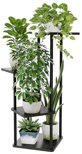 Bamworld Porta Piante da Interno ed Esterno a 4 Ripiani Nero– Fioriera in Legno e Metallo, Scaffale Moderno Salvaspazio per Vasi e Piante, Porta Vasi Decorativo per Giardino, Balcone, Soggiorno