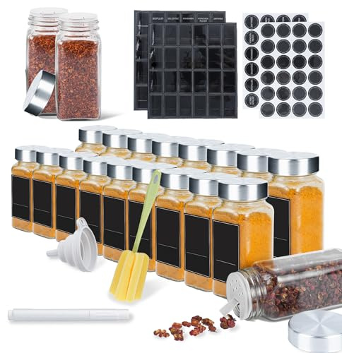 YRHome 24 Stück Gewürzgläser Eckig Set Gewürzglas Aus Glas Spice Jars 120ML Gewürzdosen Mit Etiketten Marker Reinigungsbürste Faltbare Trichter Für Küche Gewürzaufbewahrung-Mit Edelstahldeckel