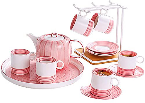 PBDEW Juego de Tazas y platillos de té, 6 Juegos de té de la Tarde Real británica, Tetera, Tazas y platillos de café de cerámica con portavasos y Bandeja de té para el Juego de té del día de la Madre