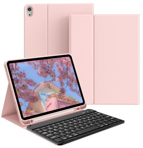 GKABXY Étui avec clavier pour iPad Air 11 (M3/M2) 2025/2024, iPad Air 5e/4e génération 10,9 2022/2020, support folio fin avec porte-crayon, clavier sans fil amovible, rose