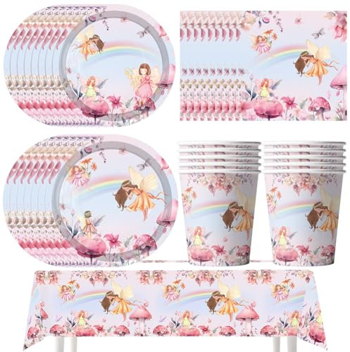 SWZY 51pcs Fairy Flower Birthday Party Supplies, Flower Party Tableware,Paper Plates, Napkins, Paper Cups,Tablecloth, Fairy Tableware-10 people