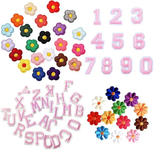 70 Pcs Iron On Patches for Clothing: Embroidered Numbers 0-9, 24 Pieces Iron on Letters, 22 Daisy Flower Applique Patches, 10 Sunflower Embroidered Sew On Patches for Dress, Hat, Socks, Jeans (Pink)